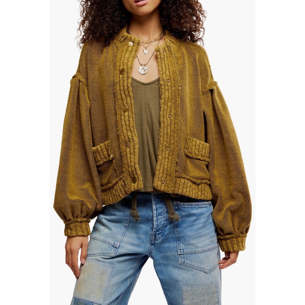 Free People Cute In This Cardi Fir Green Sweater Size XL Bomber Collar NWT